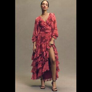 NEW Hutch Kya Long-Sleeve V-Neck Printed Tiered Wrap Maxi Dress Red Small
